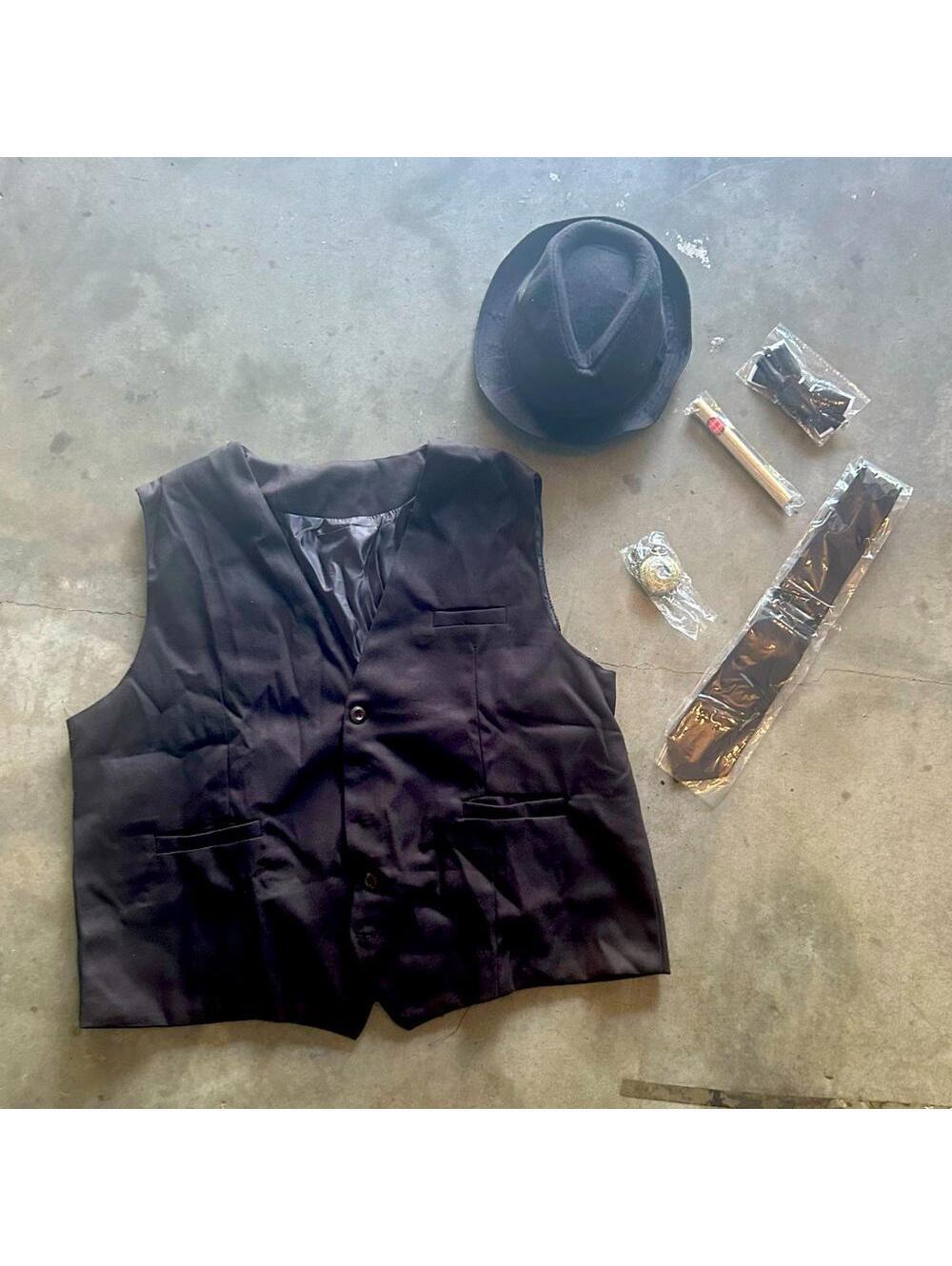 Gangster Men’s Vest Costume with Pocketwatch, Tie, Bow tie, Hat, Cigar | Size XL